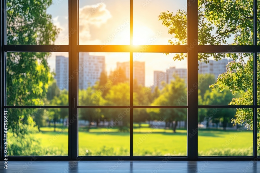 Naklejka premium Cityscape view through window, Sunlight