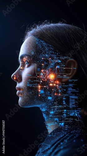 Portrait of a Woman with Circuit Pattern Overlay