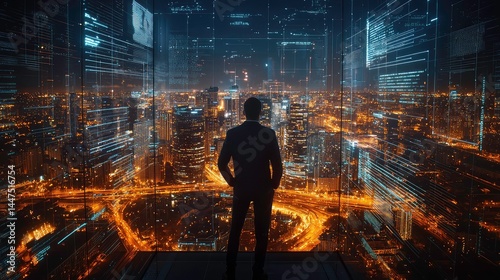 Businessman in Modern City Night Scene