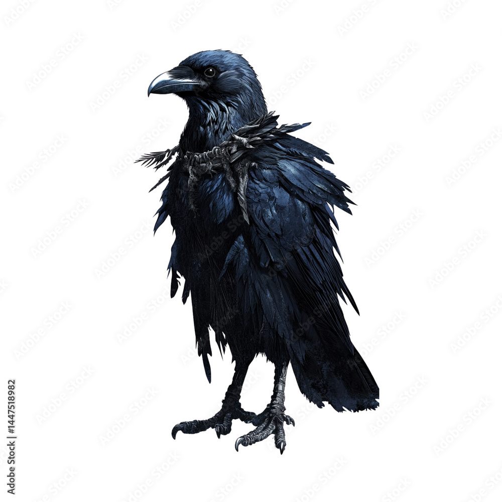 Fototapeta premium majestic black raven stands with its feathers glistening in shades of deep blue. Its sharp beak and piercing eyes convey sense of mystery and intelligence, embodying essence of wild