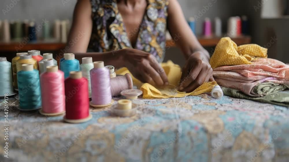 Expert seamstress meticulously stitching fabric, her hands skillfully guiding the needle and thread, surrounded by colorful spools of thread and stacks of vibrant textiles Expert seamstress meticulously stitching fabric, her hands skillfully guiding the needle and thread, surrounded by colorful spools of thread and stacks of vibrant textiles