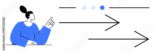 Woman in blue top gesturing towards navigation indicators and bold directional arrows signifying process, progress, flow, or guidance. Ideal for direction, leadership, growth, process explanation