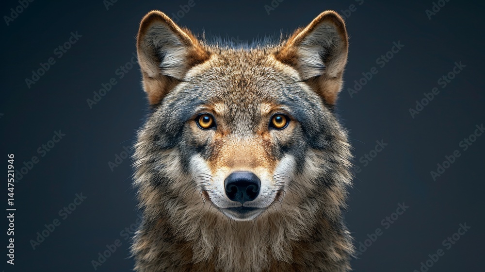 Fototapeta premium Majestic portrait of an adult wolf against a dark background highlighting its fierce beauty