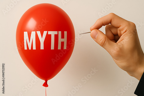 Red balloon with the word myth about to be popped by hand holding needle, concept of myth busting, truth revelation, false belief exposure, debunking, critical thinking visual

 photo