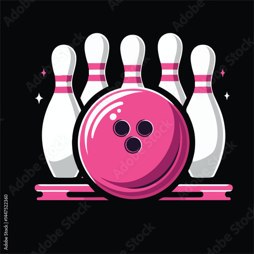 Trendy Flat Icon of Bowling Game – Modern Minimalist Bowling Ball and Pins Vector Illustration


