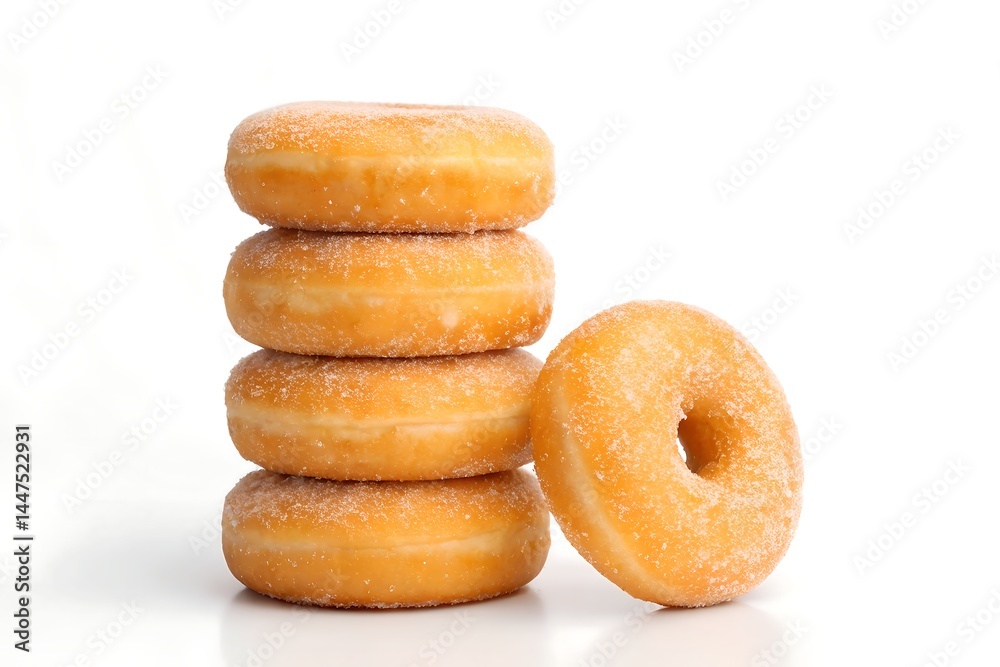 Stacked Donuts with Sugar Dusting, Glazed, on a White Background, Sweet Treat, Food Stacked Donuts with Sugar Dusting, Glazed, on a White Background, Sweet Treat, Food