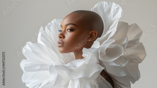 Portrait of a dark-skinned model with a shaved head, wearing an avant-garde outfit in a white studio.