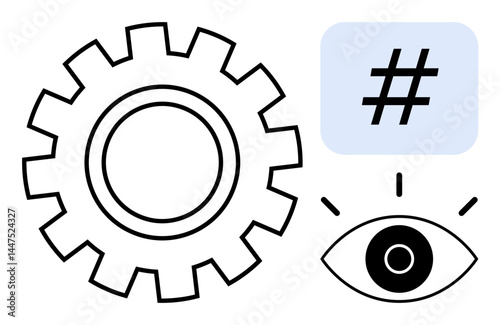 Gear for process, eye for vision, and metadata tag for communication. Ideal for technology, innovation, networking, analytics, processes, digital communication and simple landing page