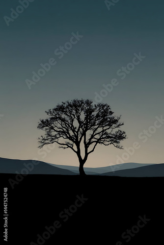Minimalist nature landscape featuring a dark silhouette of a tree or mountain against a soft pastel gradient sky. Flat or semi-realistic style with a calm, peaceful mood. Created with generated AI