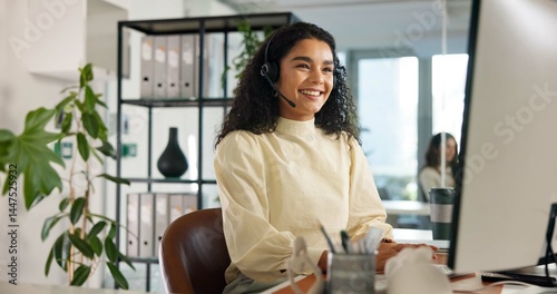 Call center, happy woman and customer service in office with computer, communication and online consulting. Reading, virtual chat or smile for contact support, help desk or sales agent for business