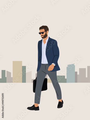 A man in a suit is walking down a city street with a briefcase in his hand. Concept of professionalism and business, as the man is dressed in a suit and carrying a briefcase. Vector flat illustration