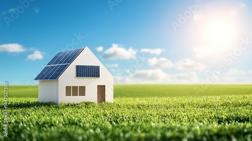 Wallpaper Mural Small model house with solar panels standing in a green field under a blue sky with shining sun representing sustainable living and eco friendly energy generation Torontodigital.ca