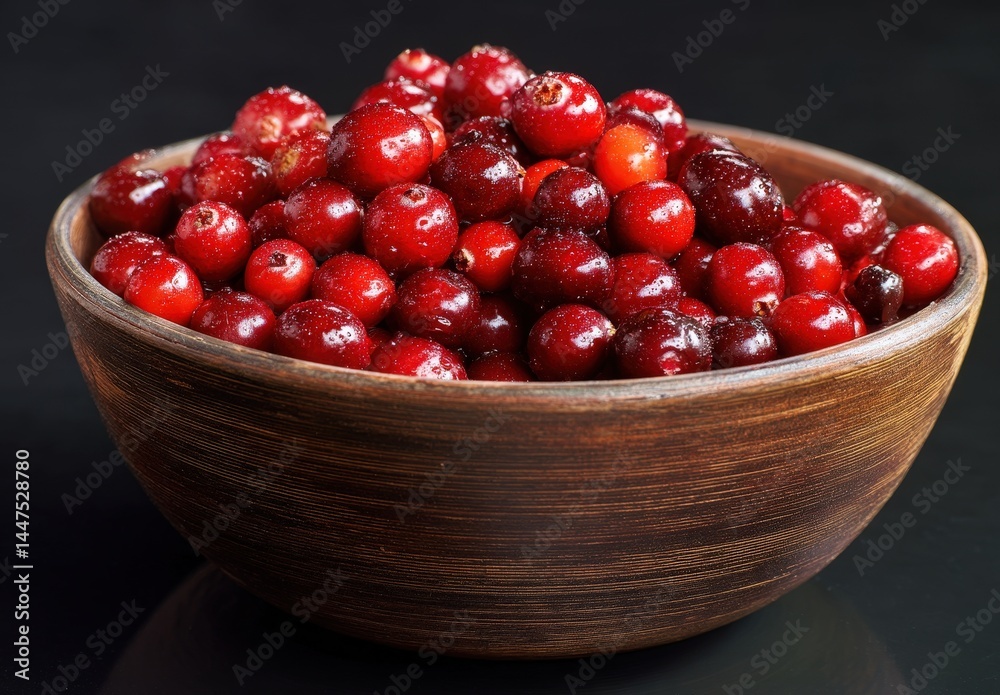 Fresh ripe cranberries in a rustic brown wooden bowl against a dark background. Fresh ripe cranberries in a rustic brown wooden bowl against a dark background.