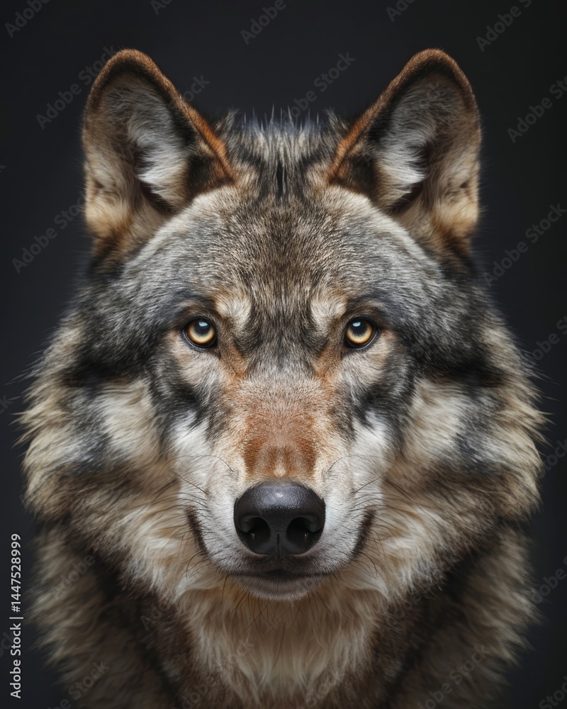 Fototapeta premium Striking portrait of an adult wolf on a captivating black background, showcasing its fierce beauty.