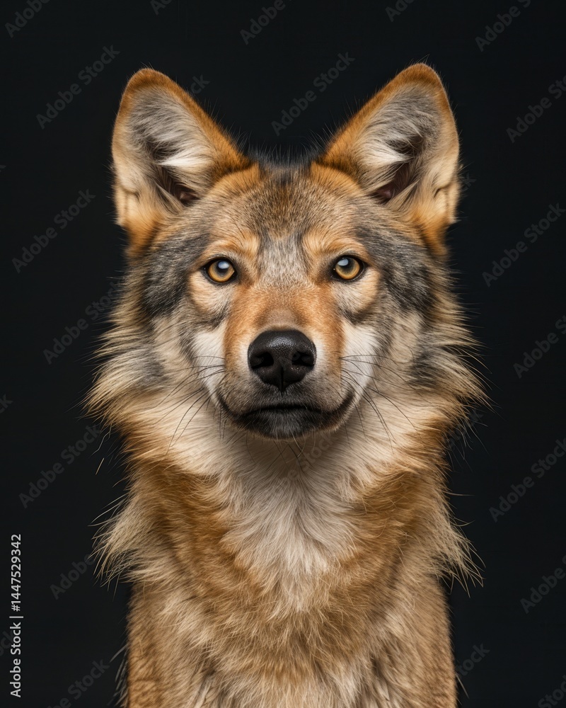 Fototapeta premium Majestic adult wolf portrait against a sleek black background capturing its wild essence