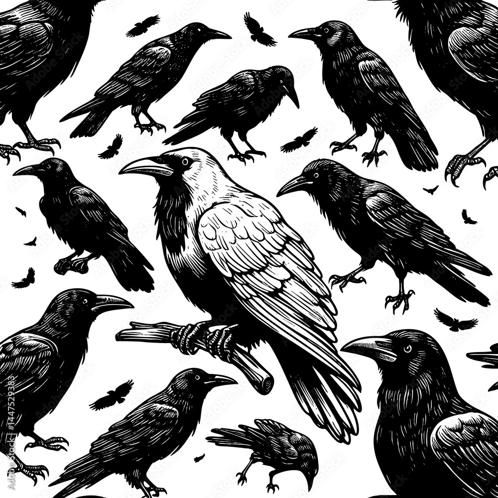 Obraz premium rare white crow surrounded by black crows, symbolizing uniqueness, nonconformity, and standing out from the crowd sketch engraving generative ai PNG illustration. Scratch board. Black and white.