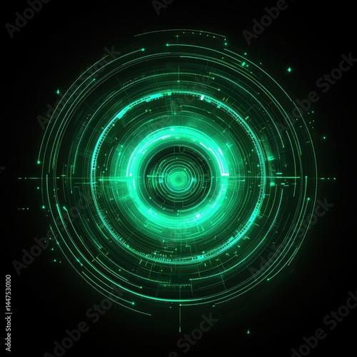 Circular, glowing, neon green interface with concentric circles and lines.  Detailed digital design