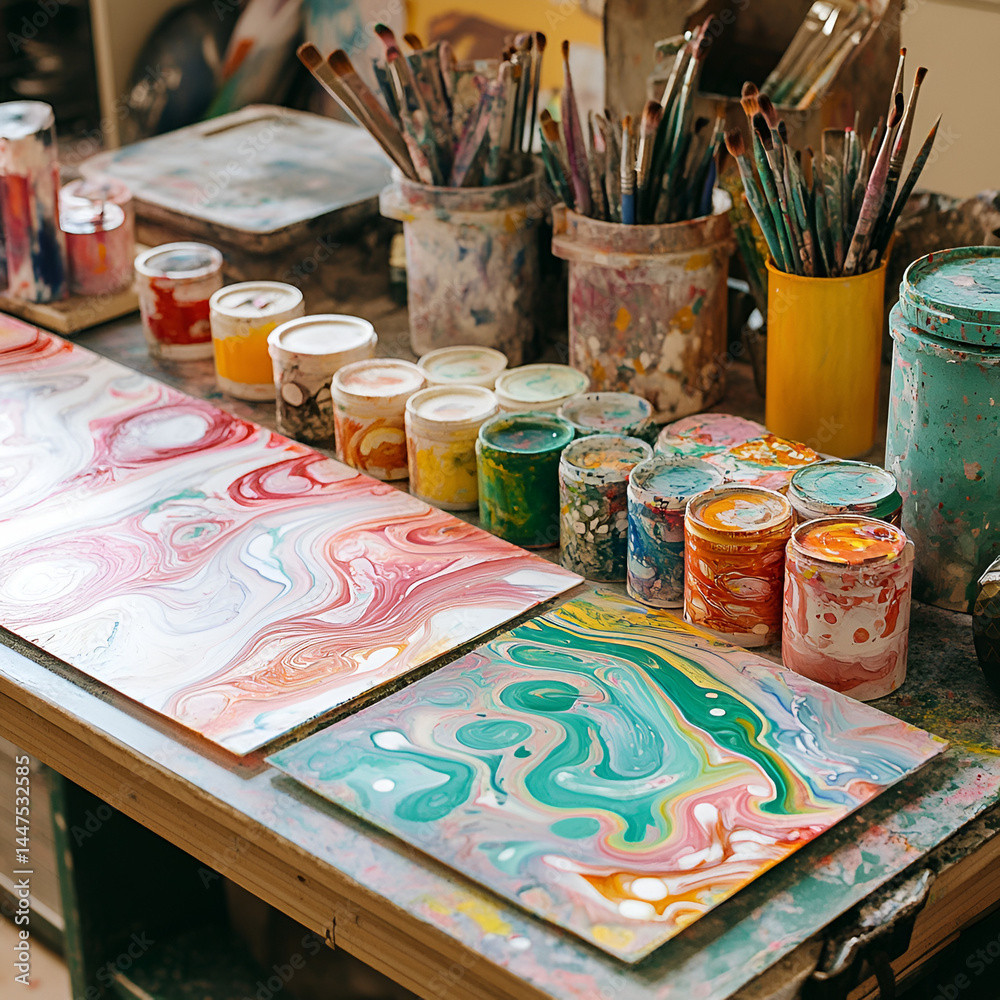 Creating beautiful patterns art table paper marbling tools studio top-down view artistic exploration Creating beautiful patterns art table paper marbling tools studio top-down view artistic exploration