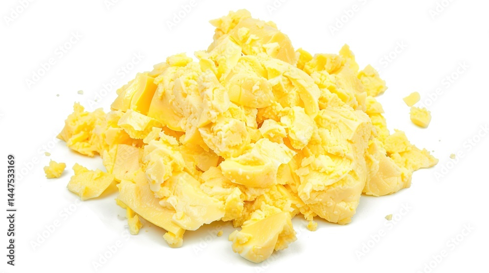 A plate of delicious scrambled eggs presented in an isolated manner on a pure white background. The soft and fluffy texture of the scrambled eggs makes them extremely appealing, and this image is suit