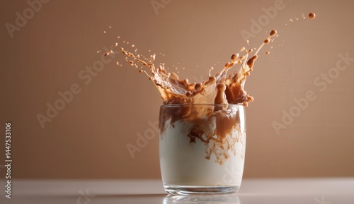 Dynamic splash of chocolate milk in a clear glass on a beige background.