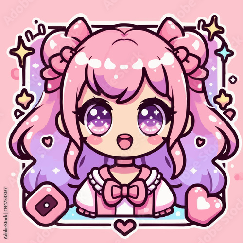 Kawaii anime-style girl logo in SVG vector, with big sparkling eyes, pink hair in twin-tails, pastel color palette, heart elements, and a playful cartoonist design, suitable for a YouTube channel or a