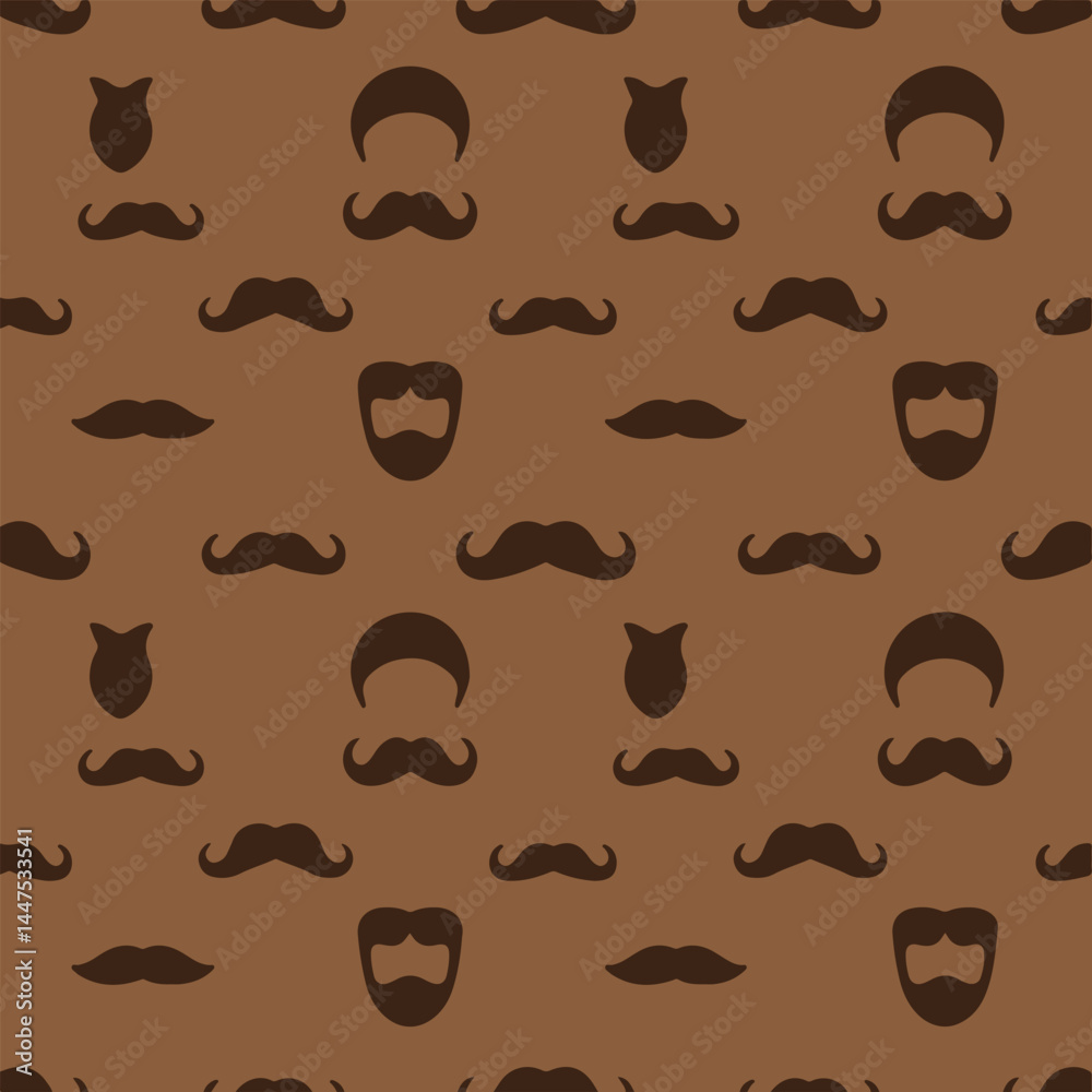 Obraz premium Fun, Repeating Pattern of Mustaches and Beards on a Brown Background.