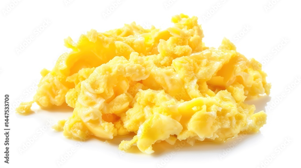 A plate of delicious scrambled eggs presented in an isolated manner on a pure white background. The soft and fluffy texture of the scrambled eggs makes them extremely appealing, and this image is suit A plate of delicious scrambled eggs presented in an isolated manner on a pure white background. The soft and fluffy texture of the scrambled eggs makes them extremely appealing, and this image is suit