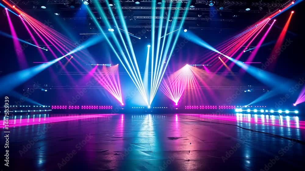 Energetic stage lighting with blue and pink beams creating vibrant atmosphere
