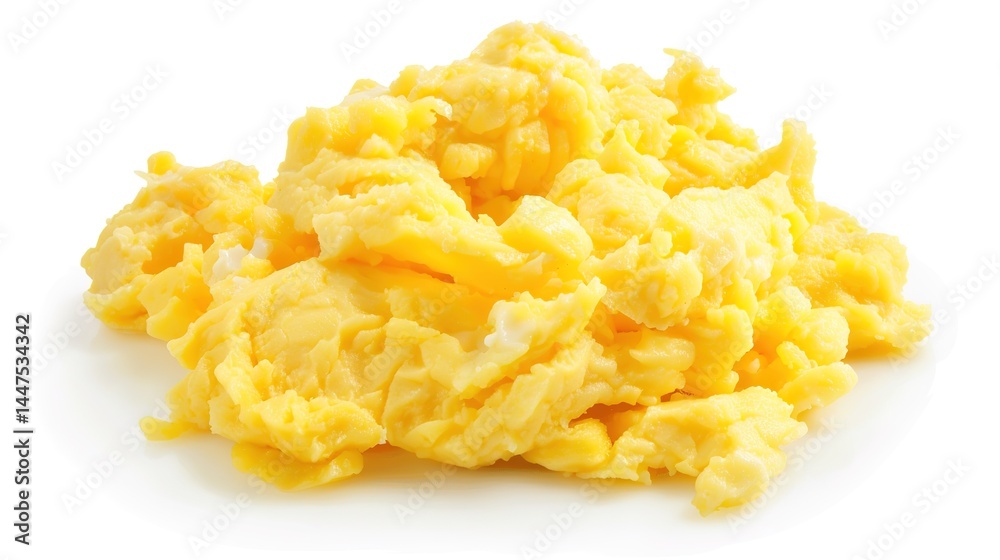 A plate of delicious scrambled eggs presented in an isolated manner on a pure white background. The soft and fluffy texture of the scrambled eggs makes them extremely appealing, and this image is suit A plate of delicious scrambled eggs presented in an isolated manner on a pure white background. The soft and fluffy texture of the scrambled eggs makes them extremely appealing, and this image is suit