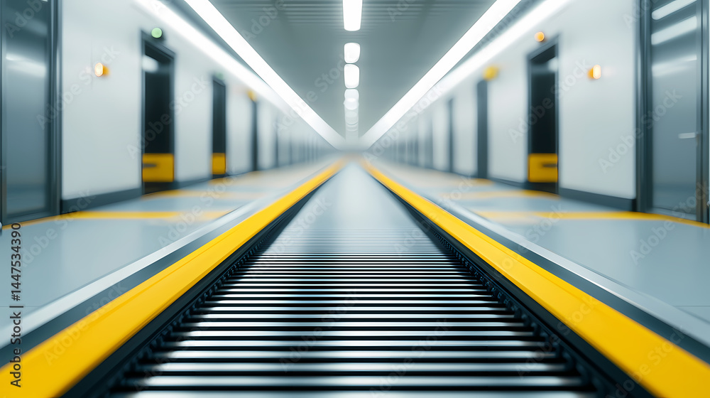Fototapeta premium A modern, brightly lit hallway with a central conveyor belt and multiple doors along both sides, evoking a futuristic industrial facility.