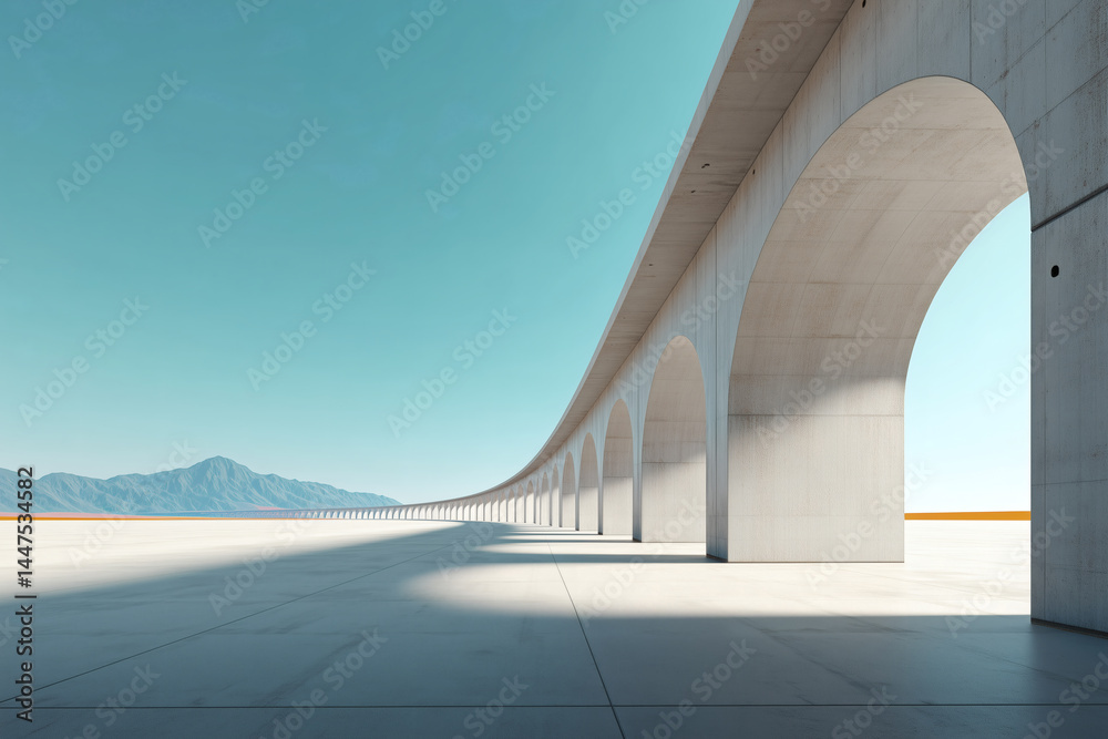 Long concrete arch bridge under a bright blue sky, contrasting with a pale landscape and distant mountains. Long concrete arch bridge under a bright blue sky, contrasting with a pale landscape and distant mountains.