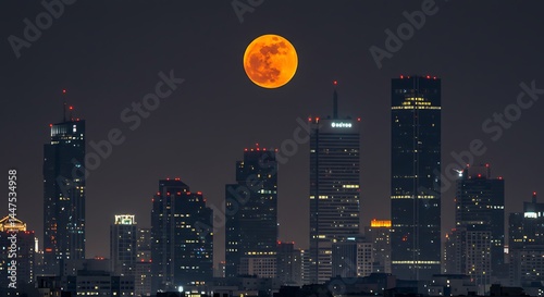 Orange Moonrise Over City Skyscrapers photo