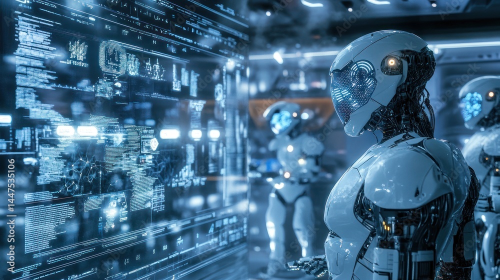 Futuristic robots interacting with holographic displays in a high-tech facility. Futuristic robots interacting with holographic displays in a high-tech facility.