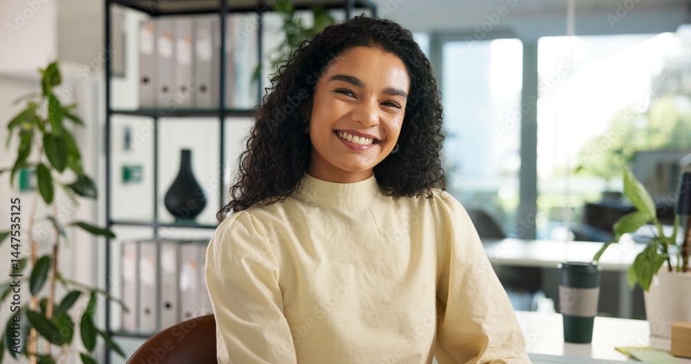Business, woman and professional portrait at workplace for about us, mission and creative employee. Confident, smile and female editor with career pride, future growth or opportunity in publishing