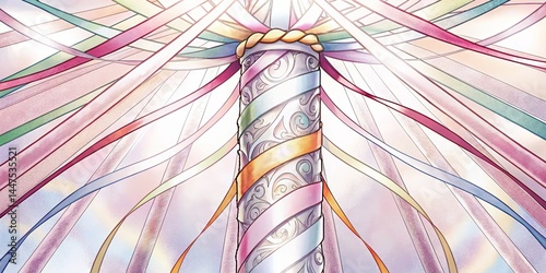 Beltane Maypole Celebration with Colorful Ribbons Against a Bright Background  