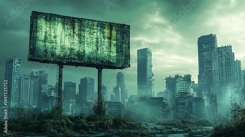 Post-apocalyptic city billboard, overgrown ruins, dystopian landscape, environmental disaster, future scenario