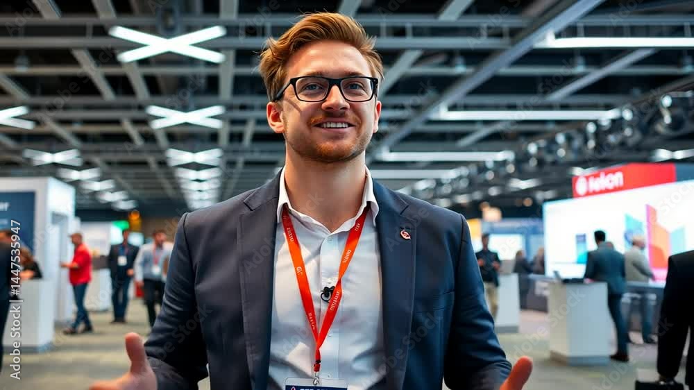 Energetic Entrepreneur at Tech Conference Exhibiting Innovation and Success