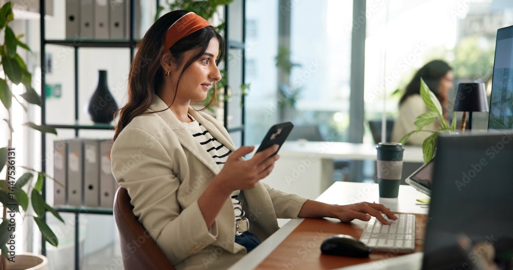 Businesswoman, smartphone notification and computer in office for communication, news and job post. Recruiter, mobile technology and resume research in workplace for onboarding and online vacancy