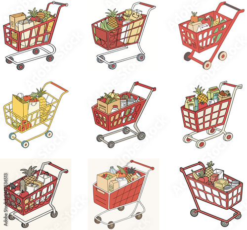 Grocery Shopping Carts Colorful Collection of Filled Shopping Carts