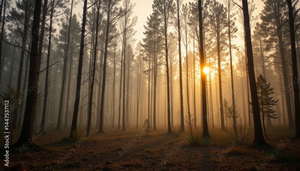 Fototapeta premium Sunrise Through Misty Forest Trees