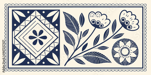 Blue floral seamless pattern illustration. Vintage style flower frame background design. Geometric natural wallpaper print, spring season nature backdrop texture with flowers.