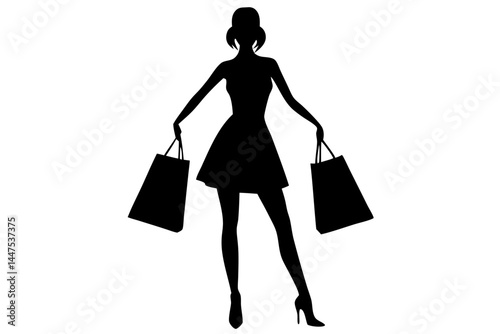 Woman standing with shopping bags silhouette vector illustration on white, woman, shopping, bags, silhouette, fashion, style, retail, purchase, design, vector, illustration, female, consumer, market