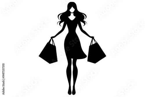 Silhouette of fashionable woman holding shopping bags elegant black and white design, silhouette, woman, shopping, fashion, style, dress, bags, vector, illustration, retail, purchase, consumer