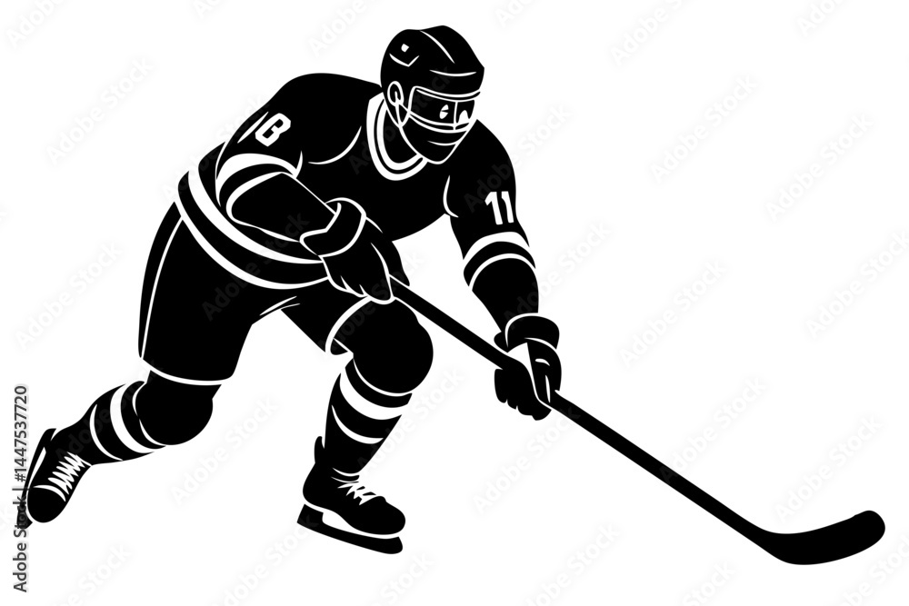 Fototapeta premium Silhouette of ice hockey player in full gear skating hard, hockey, hockey player, silhouette, sports, ice hockey, player, skate, skating, motion, speed, action, game, sport, athlete, competition, ice