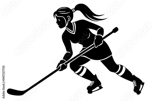 Female hockey player silhouette in action sports design on transparent background, female, hockey, player, silhouette, action, sport, athlete, gear, ice, skating, stick, puck, women, competition