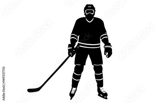 Silhouette of a hockey player in full gear standing on the ice design, hockey, player, silhouette, ice, gear, sport, winter, uniform, mask, helmet, skate, stick, competition, team, athlete, action