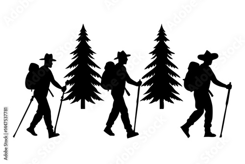 Silhouette illustration featuring three hikers walking in different environments and landscapes, silhouette, hiker, hiking, trekking, trekking poles, backpack, environment, landscape, mountain, forest