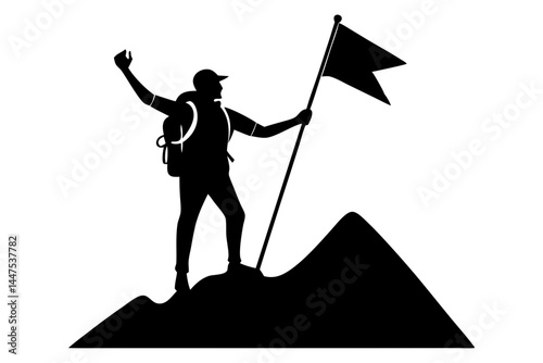 Black silhouette of a hiker standing triumphant on mountain peak illustration, hiker, mountain, peak, silhouette, triumph, success, achievement, climbing, adventure, outdoors, exploration, vector