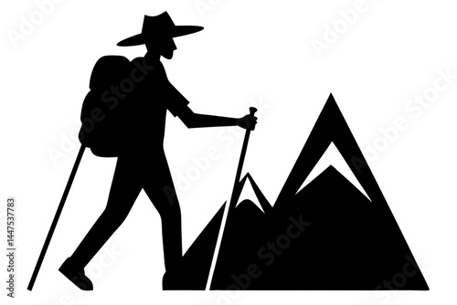 Black silhouette of hiker walking with steady stride and wearing hat, hiker, hiking, silhouette, black silhouette, outdoor, adventure, trekking, wanderlust, nature, walk, walking, hat, vacation