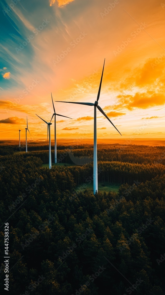 Obraz premium Wind turbines are generating clean energy at sunset over a forest, symbolizing sustainable power and eco friendly practices for a greener future